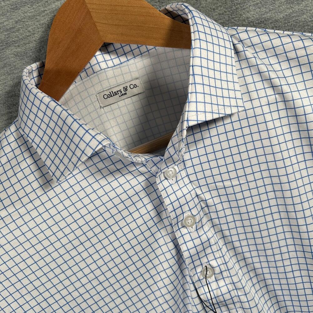 Collars & Co. Polo Shirt Mens Large White Blue Check Dress Collar Lightweight